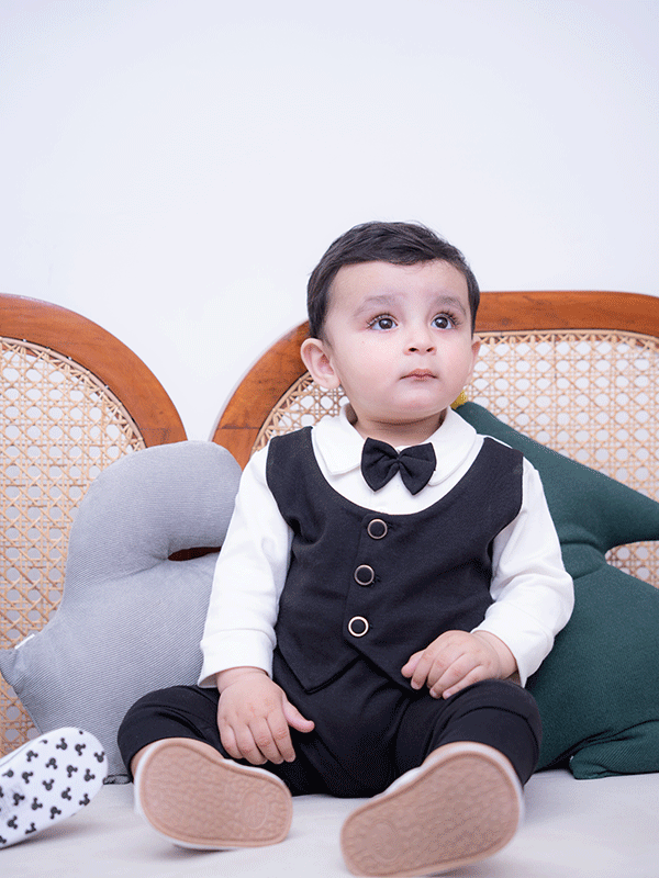 Black & White Waistcoat Tuxedo Romper (0-12M)