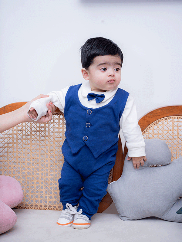 Blue & White Waistcoat Tuxedo Romper (0-12M)