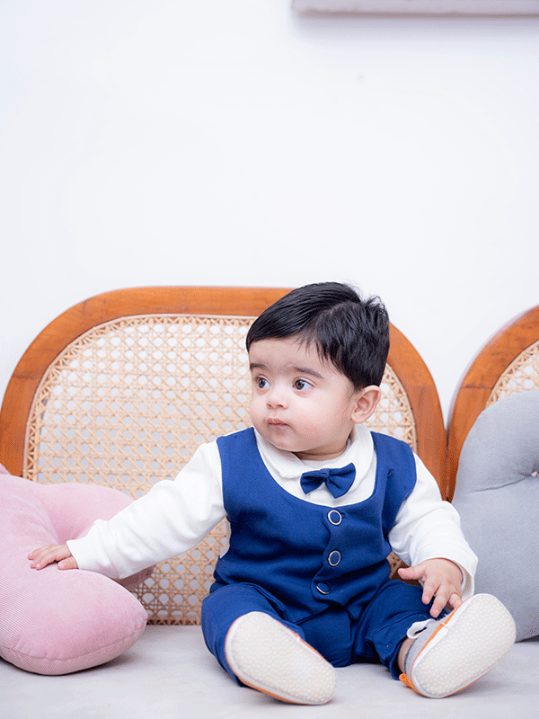 Blue & White Waistcoat Tuxedo Romper (0-12M)