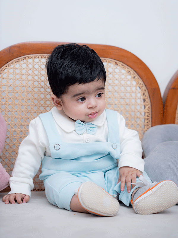 Sky Blue & White Dangree Tuxedo Romper (0-12M)