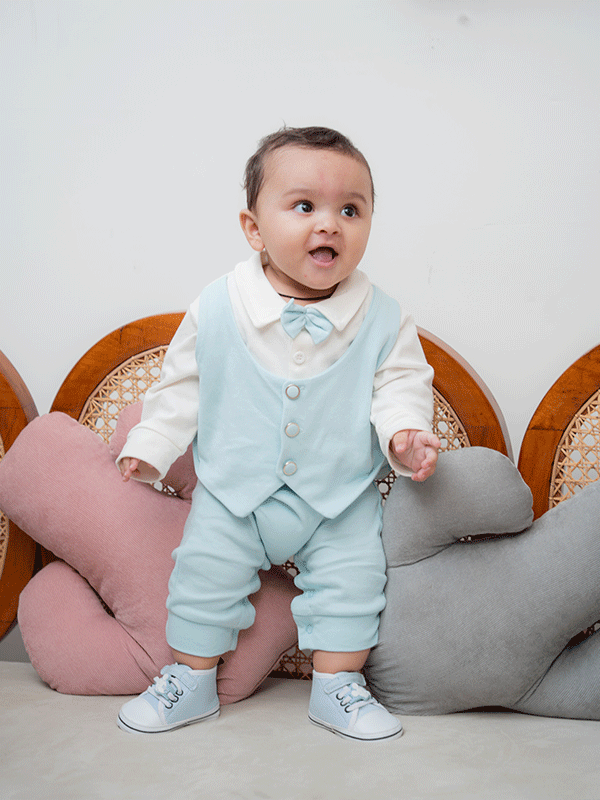 Sky Blue & White Waistcoat Tuxedo Romper (0-12M)