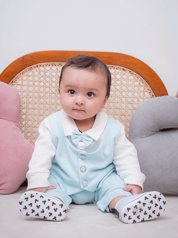 Sky Blue & White Waistcoat Tuxedo Romper (0-12M)