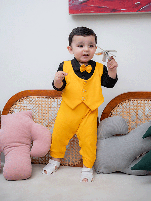 Yellow & Black Waistcoat Tuxedo Romper (0-12M)