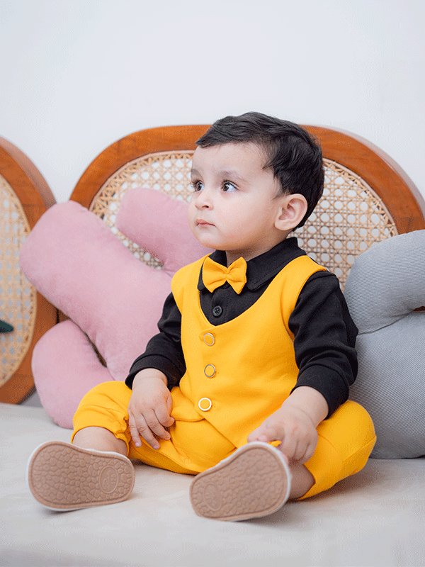 Yellow & Black Waistcoat Tuxedo Romper (0-12M)